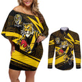 Richmond Tigers Australian Football Couples Matching Off Shoulder Short Dress and Long Sleeve Button Shirt Powerful Tiger Mascot With Indigenous Pattern Art
