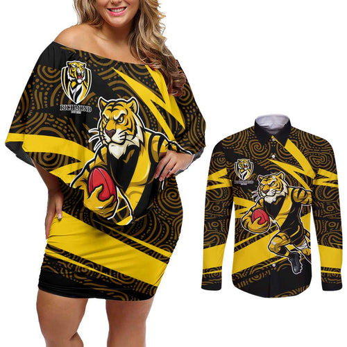 Richmond Tigers Australian Football Couples Matching Off Shoulder Short Dress and Long Sleeve Button Shirt Powerful Tiger Mascot With Indigenous Pattern Art