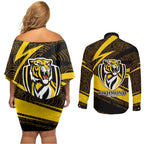 Richmond Tigers Australian Football Couples Matching Off Shoulder Short Dress and Long Sleeve Button Shirt Powerful Tiger Mascot With Indigenous Pattern Art