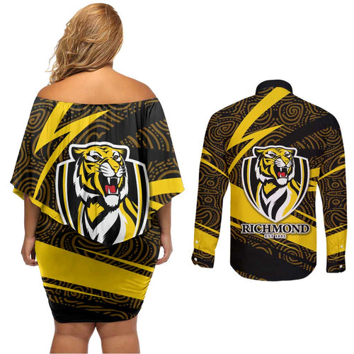 Richmond Tigers Australian Football Couples Matching Off Shoulder Short Dress and Long Sleeve Button Shirt Powerful Tiger Mascot With Indigenous Pattern Art