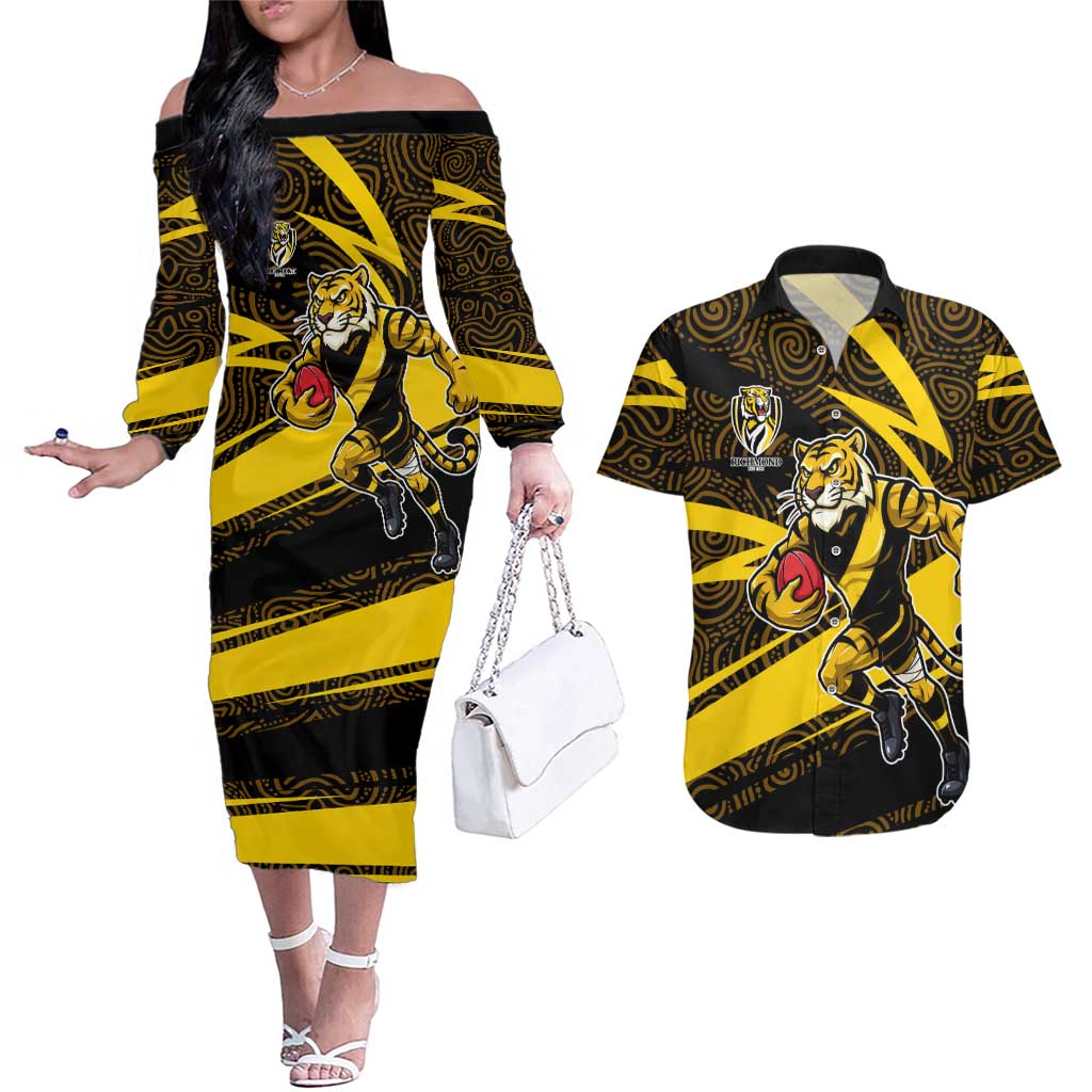 Richmond Tigers Australian Football Couples Matching Off The Shoulder Long Sleeve Dress and Hawaiian Shirt Powerful Tiger Mascot With Indigenous Pattern Art