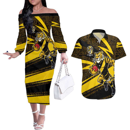 Richmond Tigers Australian Football Couples Matching Off The Shoulder Long Sleeve Dress and Hawaiian Shirt Powerful Tiger Mascot With Indigenous Pattern Art