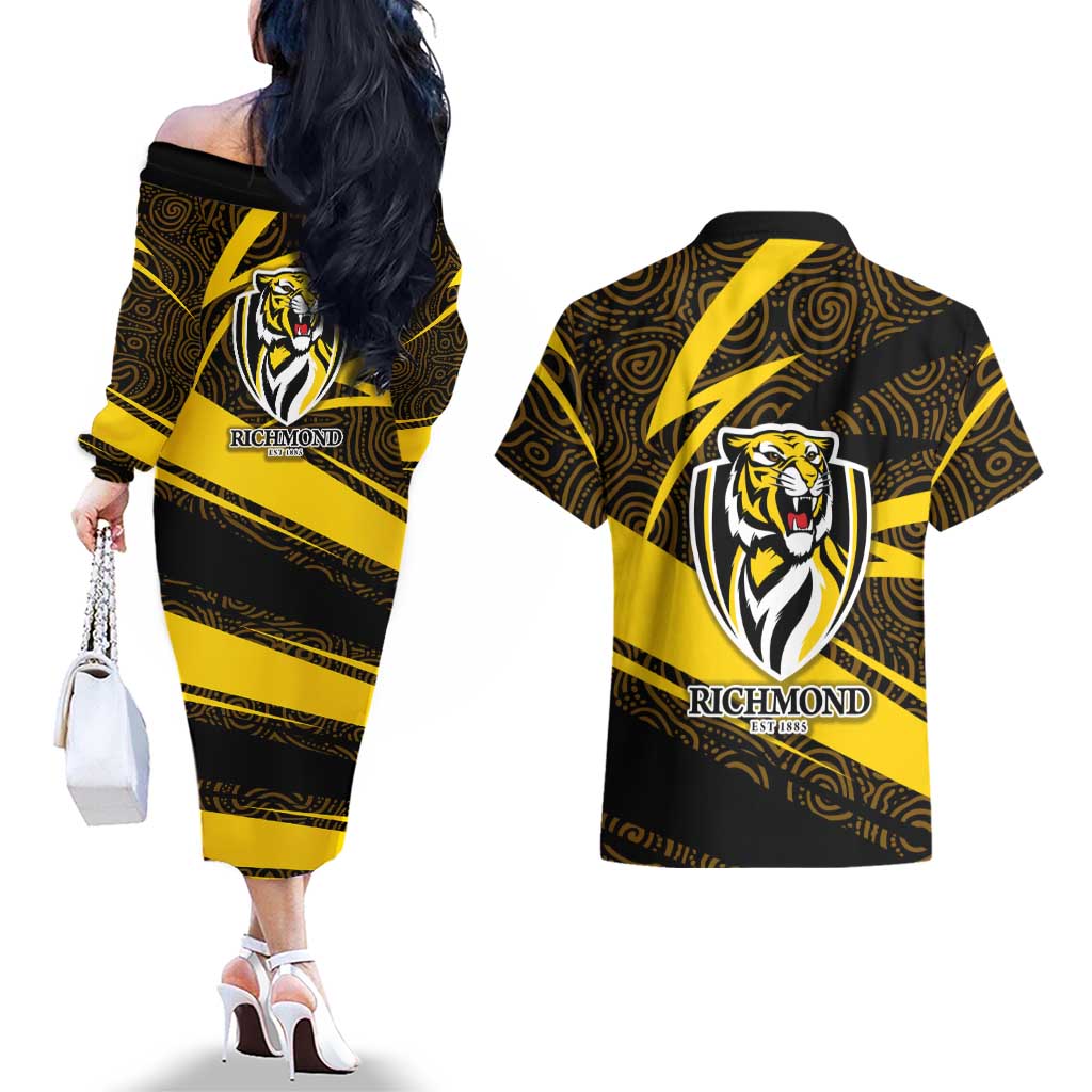 Richmond Tigers Australian Football Couples Matching Off The Shoulder Long Sleeve Dress and Hawaiian Shirt Powerful Tiger Mascot With Indigenous Pattern Art