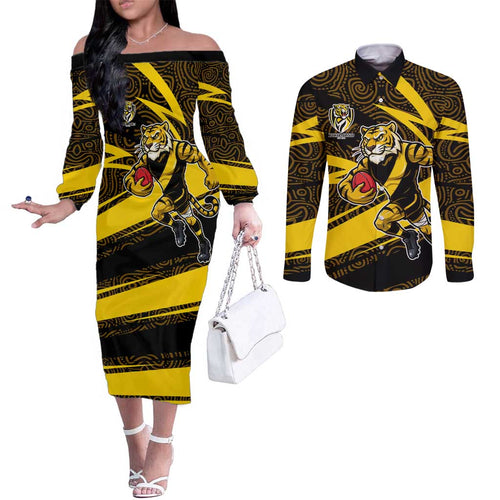 Richmond Tigers Australian Football Couples Matching Off The Shoulder Long Sleeve Dress and Long Sleeve Button Shirt Powerful Tiger Mascot With Indigenous Pattern Art