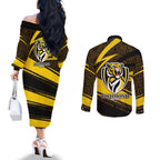 Richmond Tigers Australian Football Couples Matching Off The Shoulder Long Sleeve Dress and Long Sleeve Button Shirt Powerful Tiger Mascot With Indigenous Pattern Art