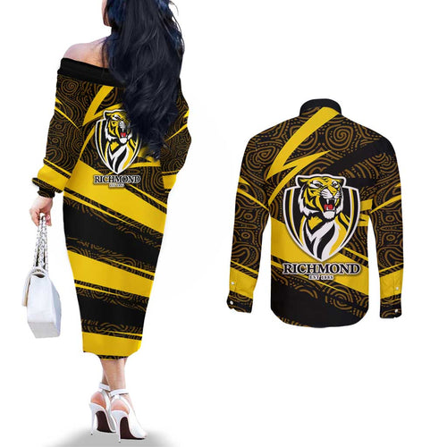 Richmond Tigers Australian Football Couples Matching Off The Shoulder Long Sleeve Dress and Long Sleeve Button Shirt Powerful Tiger Mascot With Indigenous Pattern Art