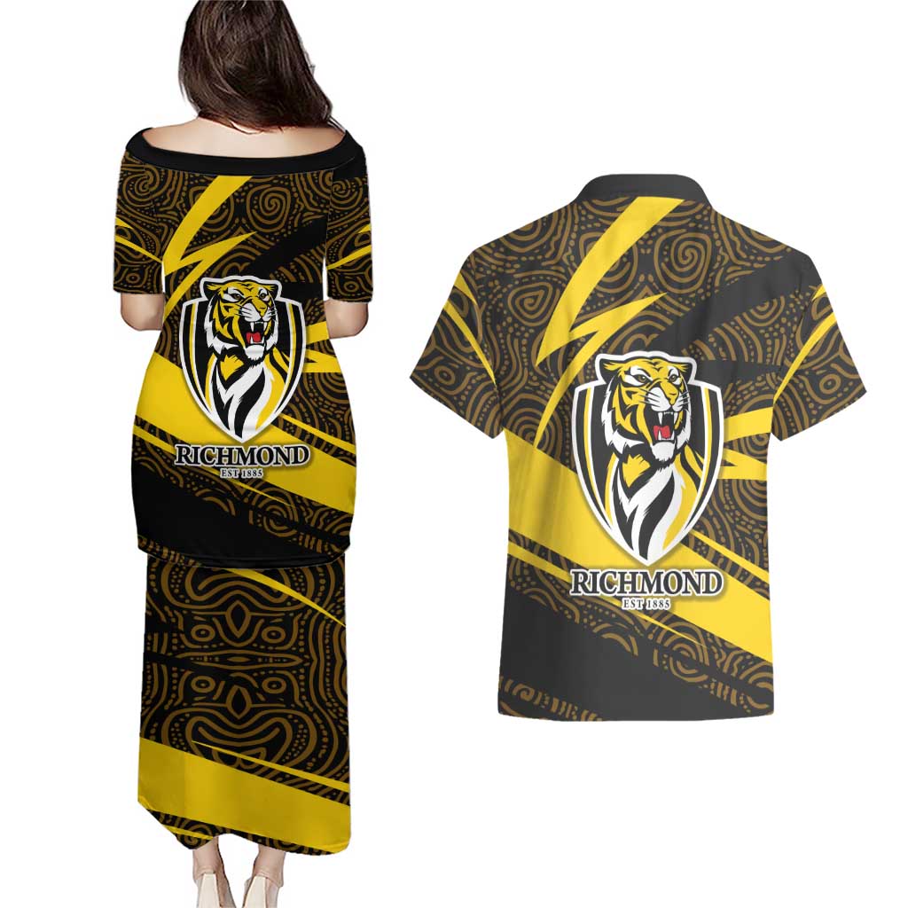 Richmond Tigers Australian Football Couples Matching Puletasi and Hawaiian Shirt Powerful Tiger Mascot With Indigenous Pattern Art