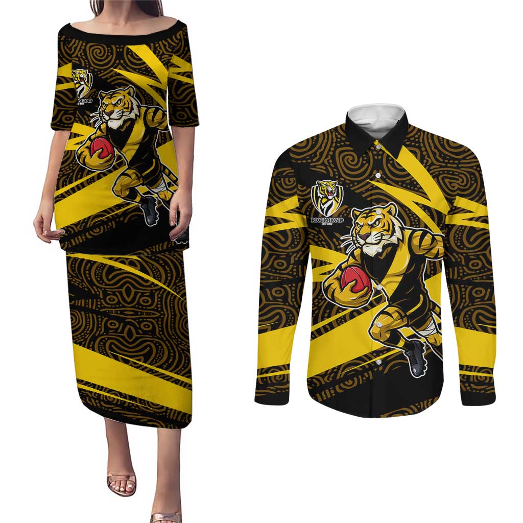 Richmond Tigers Australian Football Couples Matching Puletasi and Long Sleeve Button Shirt Powerful Tiger Mascot With Indigenous Pattern Art