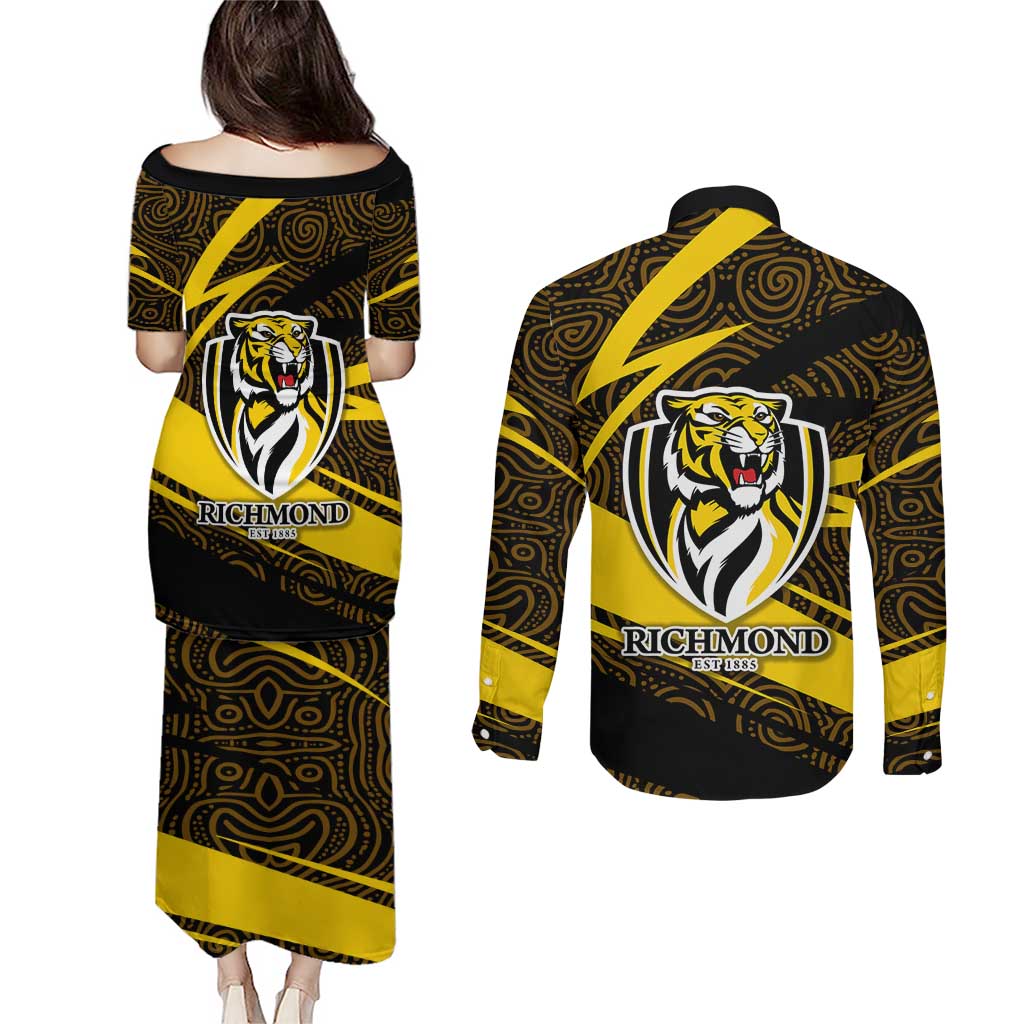 Richmond Tigers Australian Football Couples Matching Puletasi and Long Sleeve Button Shirt Powerful Tiger Mascot With Indigenous Pattern Art