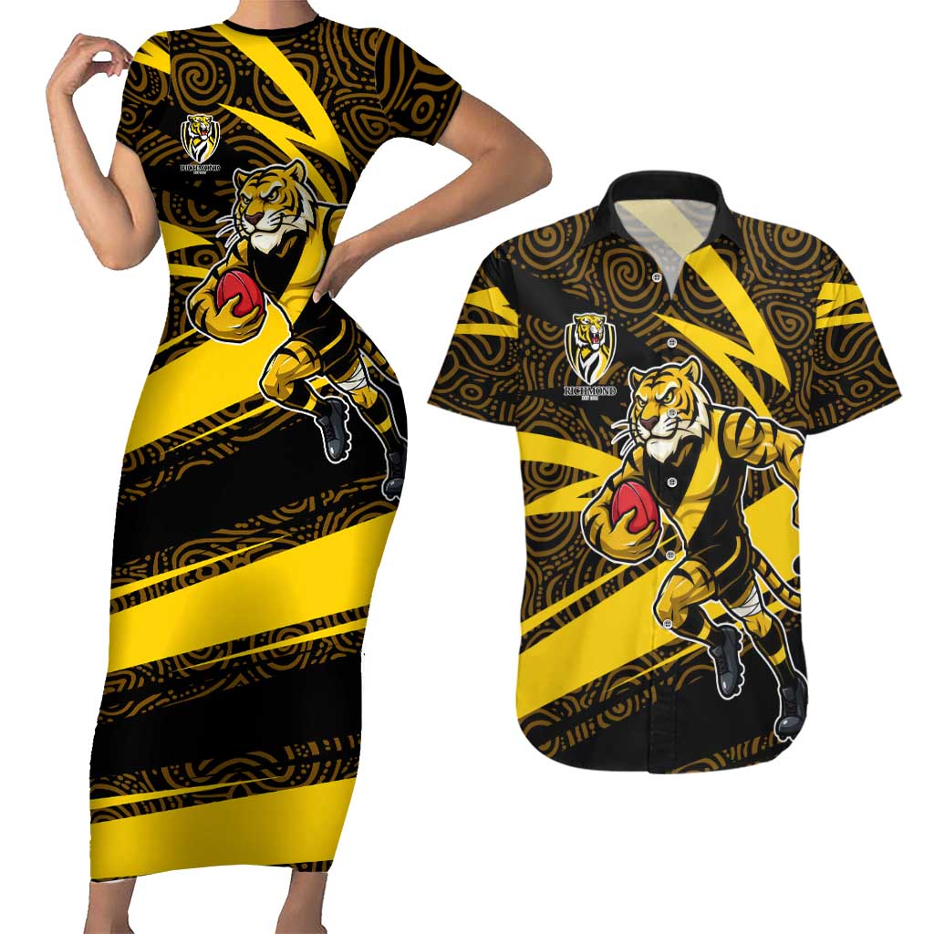 Richmond Tigers Australian Football Couples Matching Short Sleeve Bodycon Dress and Hawaiian Shirt Powerful Tiger Mascot With Indigenous Pattern Art