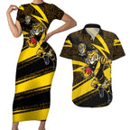 Richmond Tigers Australian Football Couples Matching Short Sleeve Bodycon Dress and Hawaiian Shirt Powerful Tiger Mascot With Indigenous Pattern Art