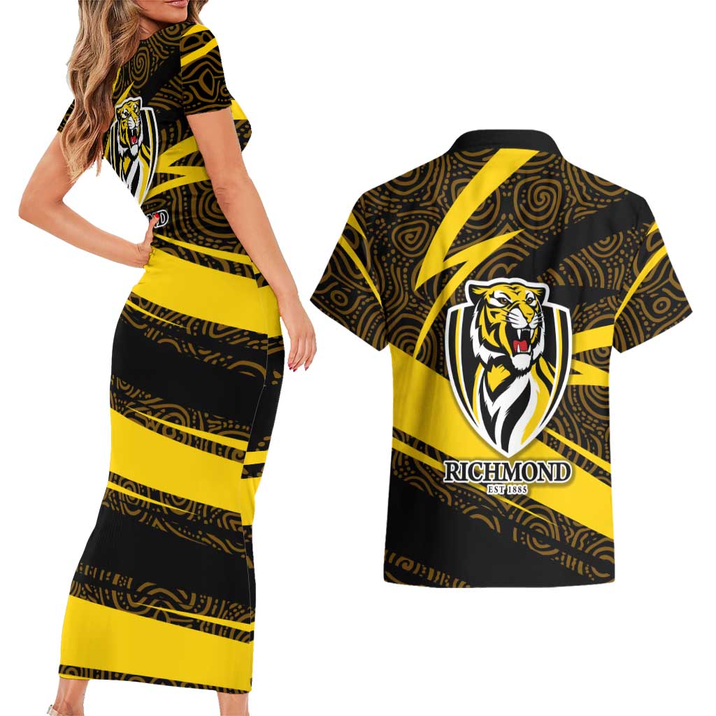 Richmond Tigers Australian Football Couples Matching Short Sleeve Bodycon Dress and Hawaiian Shirt Powerful Tiger Mascot With Indigenous Pattern Art