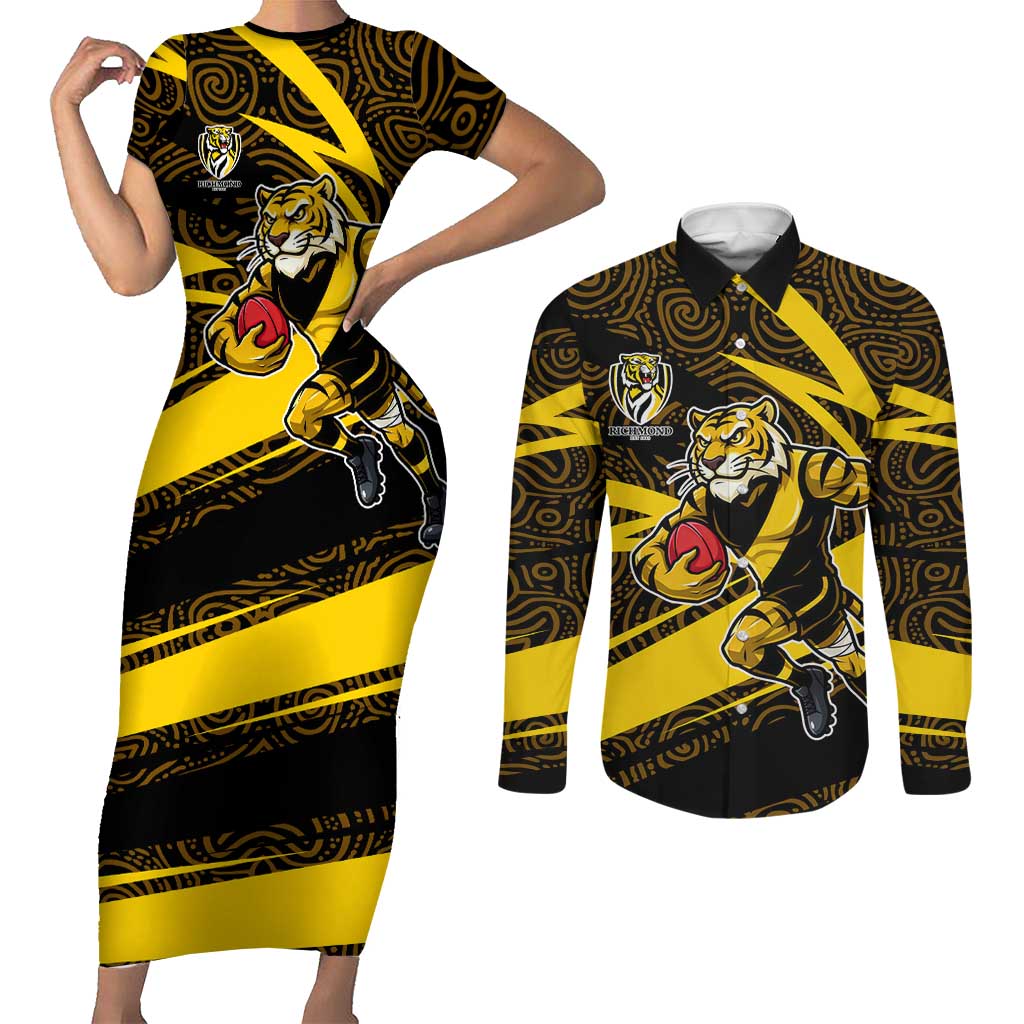 Richmond Tigers Australian Football Couples Matching Short Sleeve Bodycon Dress and Long Sleeve Button Shirt Powerful Tiger Mascot With Indigenous Pattern Art