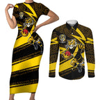 Richmond Tigers Australian Football Couples Matching Short Sleeve Bodycon Dress and Long Sleeve Button Shirt Powerful Tiger Mascot With Indigenous Pattern Art