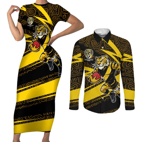 Richmond Tigers Australian Football Couples Matching Short Sleeve Bodycon Dress and Long Sleeve Button Shirt Powerful Tiger Mascot With Indigenous Pattern Art