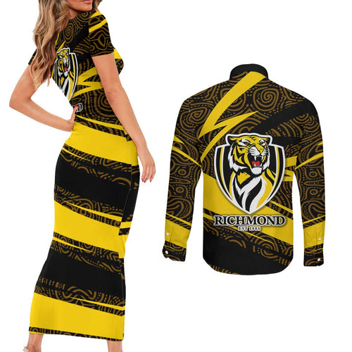 Richmond Tigers Australian Football Couples Matching Short Sleeve Bodycon Dress and Long Sleeve Button Shirt Powerful Tiger Mascot With Indigenous Pattern Art
