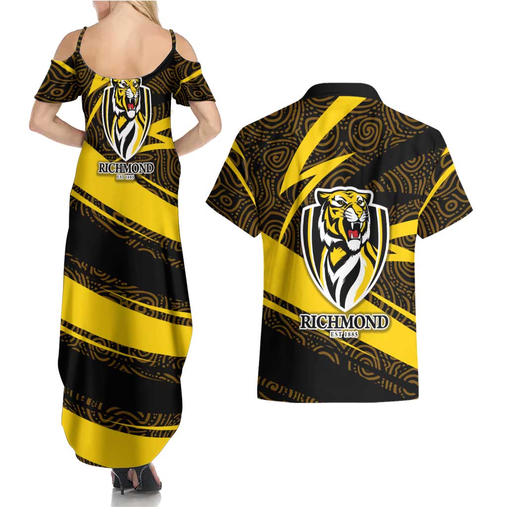 Richmond Tigers Australian Football Couples Matching Summer Maxi Dress and Hawaiian Shirt Powerful Tiger Mascot With Indigenous Pattern Art