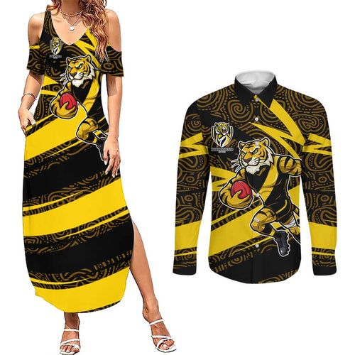 Richmond Tigers Australian Football Couples Matching Summer Maxi Dress and Long Sleeve Button Shirt Powerful Tiger Mascot With Indigenous Pattern Art
