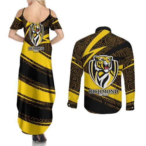 Richmond Tigers Australian Football Couples Matching Summer Maxi Dress and Long Sleeve Button Shirt Powerful Tiger Mascot With Indigenous Pattern Art