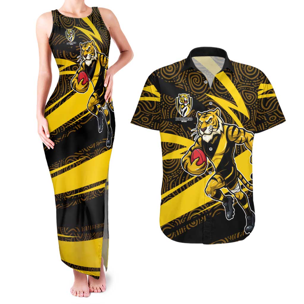 Richmond Tigers Australian Football Couples Matching Tank Maxi Dress and Hawaiian Shirt Powerful Tiger Mascot With Indigenous Pattern Art