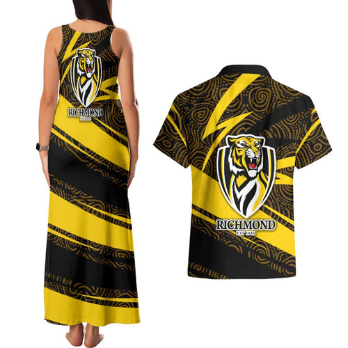 Richmond Tigers Australian Football Couples Matching Tank Maxi Dress and Hawaiian Shirt Powerful Tiger Mascot With Indigenous Pattern Art