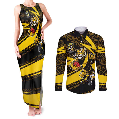 Richmond Tigers Australian Football Couples Matching Tank Maxi Dress and Long Sleeve Button Shirt Powerful Tiger Mascot With Indigenous Pattern Art