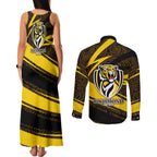 Richmond Tigers Australian Football Couples Matching Tank Maxi Dress and Long Sleeve Button Shirt Powerful Tiger Mascot With Indigenous Pattern Art