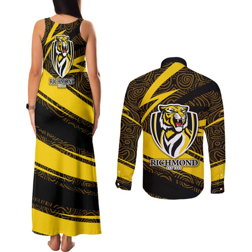 Richmond Tigers Australian Football Couples Matching Tank Maxi Dress and Long Sleeve Button Shirt Powerful Tiger Mascot With Indigenous Pattern Art