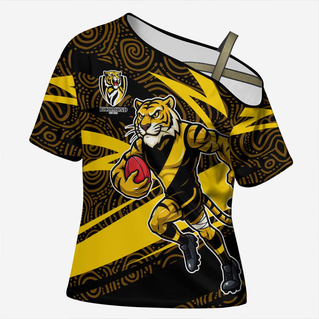 Richmond Tigers Australian Football Cross Shoulder Shirt Powerful Tiger Mascot With Indigenous Pattern Art