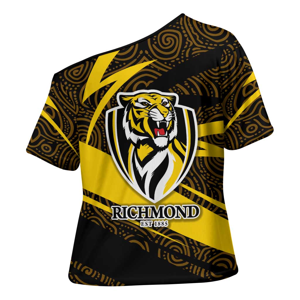 Richmond Tigers Australian Football Cross Shoulder Shirt Powerful Tiger Mascot With Indigenous Pattern Art
