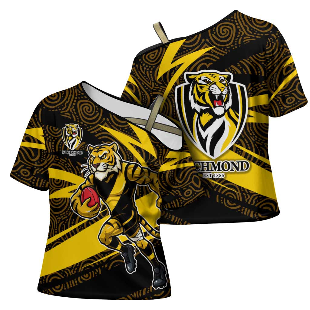 Richmond Tigers Australian Football Cross Shoulder Shirt Powerful Tiger Mascot With Indigenous Pattern Art