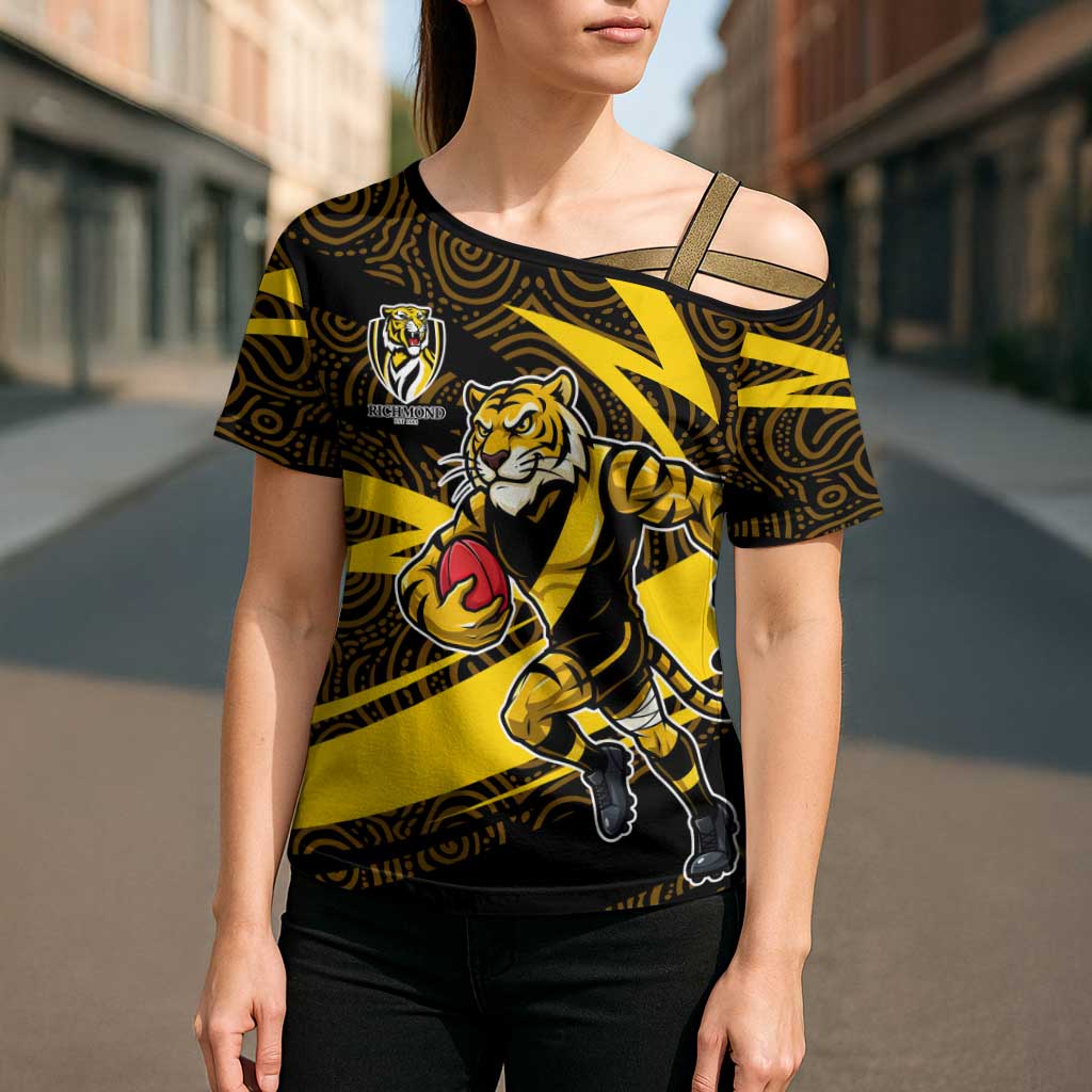 Richmond Tigers Australian Football Cross Shoulder Shirt Powerful Tiger Mascot With Indigenous Pattern Art