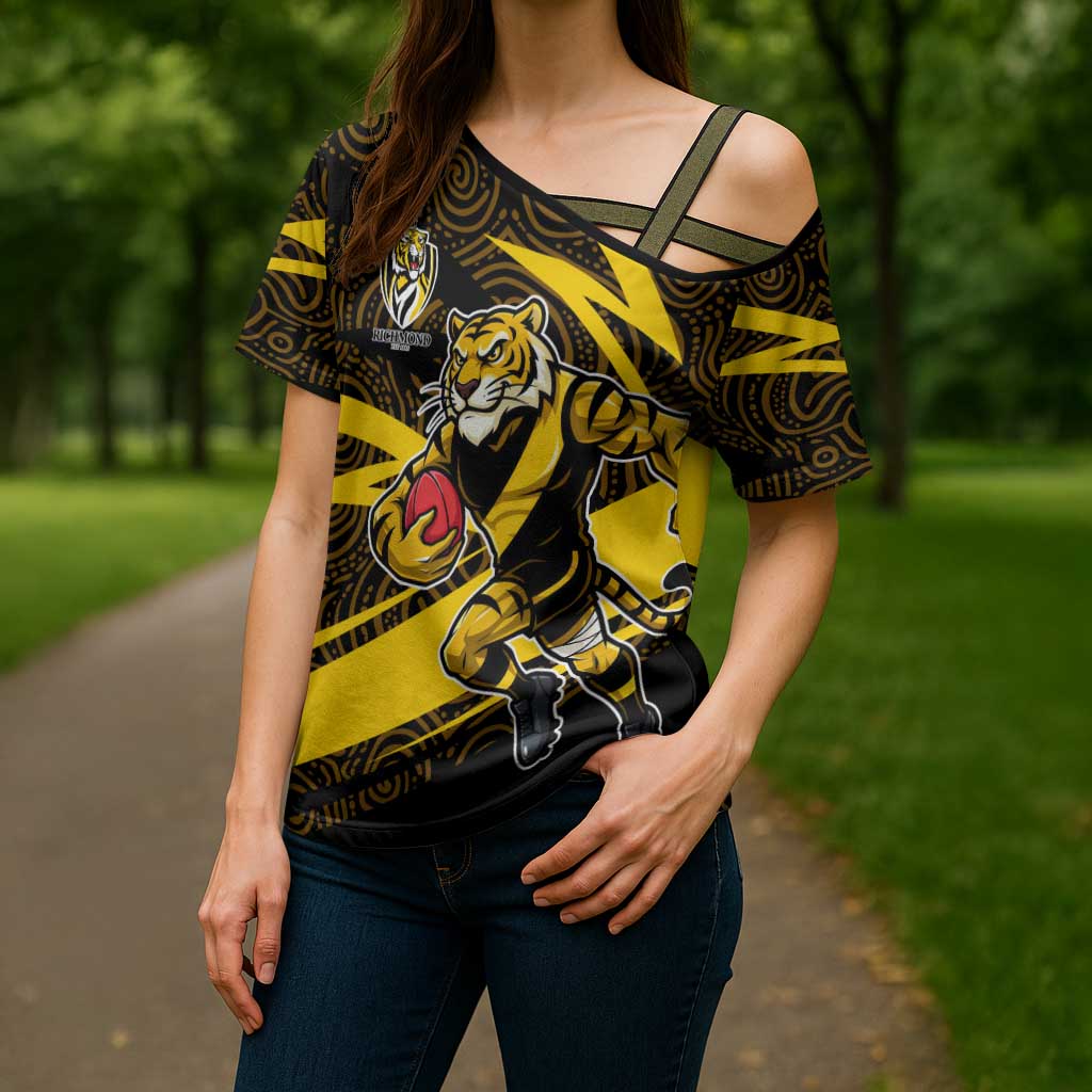Richmond Tigers Australian Football Cross Shoulder Shirt Powerful Tiger Mascot With Indigenous Pattern Art