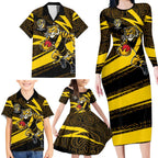 Richmond Tigers Australian Football Family Matching Long Sleeve Bodycon Dress and Hawaiian Shirt Powerful Tiger Mascot With Indigenous Pattern Art