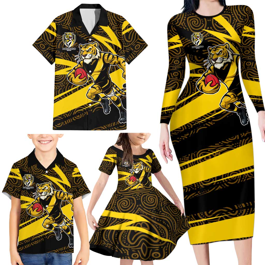 Richmond Tigers Australian Football Family Matching Long Sleeve Bodycon Dress and Hawaiian Shirt Powerful Tiger Mascot With Indigenous Pattern Art