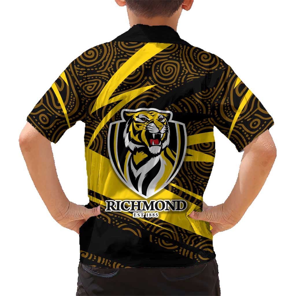 Richmond Tigers Australian Football Family Matching Long Sleeve Bodycon Dress and Hawaiian Shirt Powerful Tiger Mascot With Indigenous Pattern Art