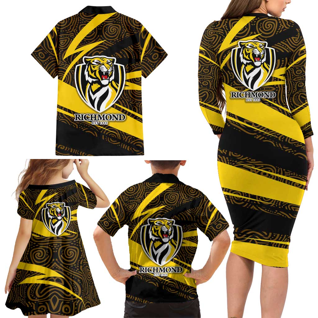 Richmond Tigers Australian Football Family Matching Long Sleeve Bodycon Dress and Hawaiian Shirt Powerful Tiger Mascot With Indigenous Pattern Art