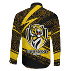 Richmond Tigers Australian Football Family Matching Long Sleeve Bodycon Dress and Hawaiian Shirt Powerful Tiger Mascot With Indigenous Pattern Art