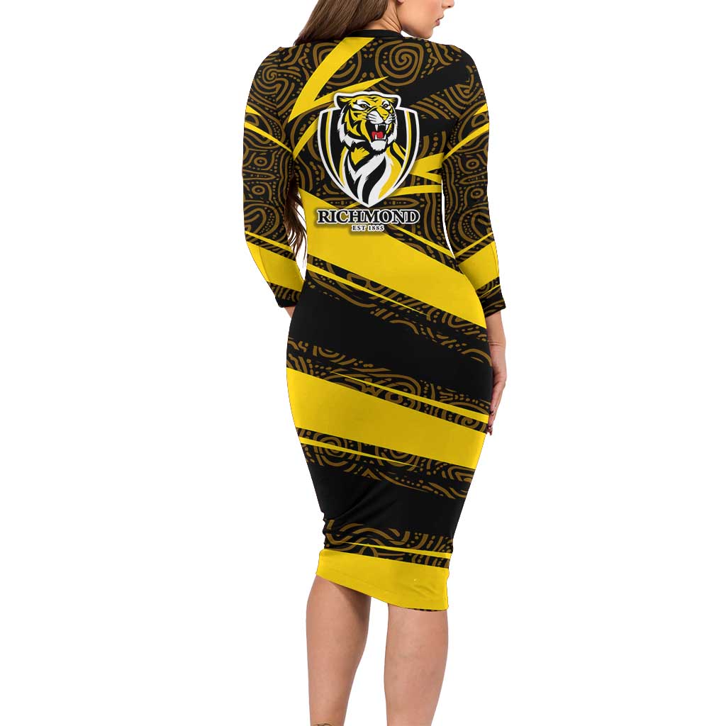 Richmond Tigers Australian Football Family Matching Long Sleeve Bodycon Dress and Hawaiian Shirt Powerful Tiger Mascot With Indigenous Pattern Art