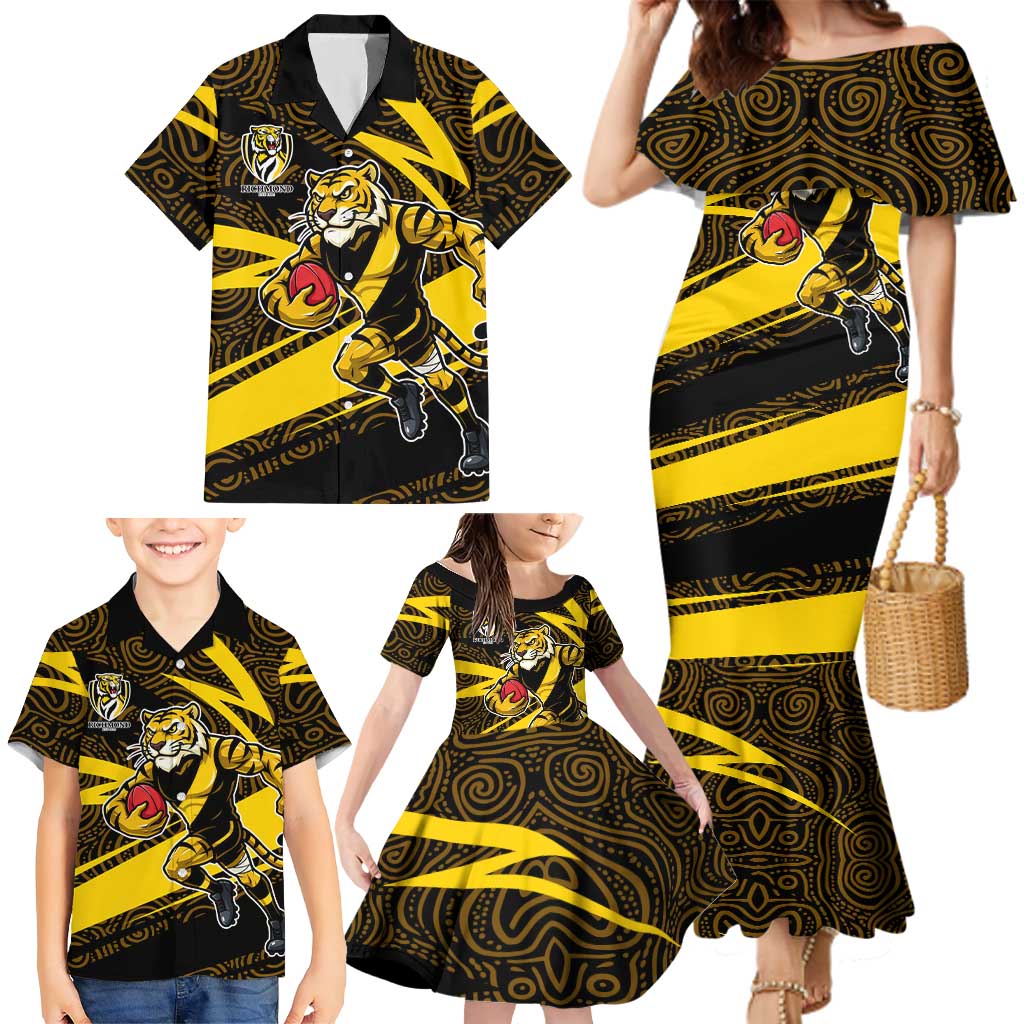 Richmond Tigers Australian Football Family Matching Mermaid Dress and Hawaiian Shirt Powerful Tiger Mascot With Indigenous Pattern Art
