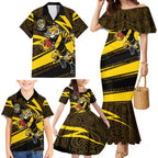 Richmond Tigers Australian Football Family Matching Mermaid Dress and Hawaiian Shirt Powerful Tiger Mascot With Indigenous Pattern Art