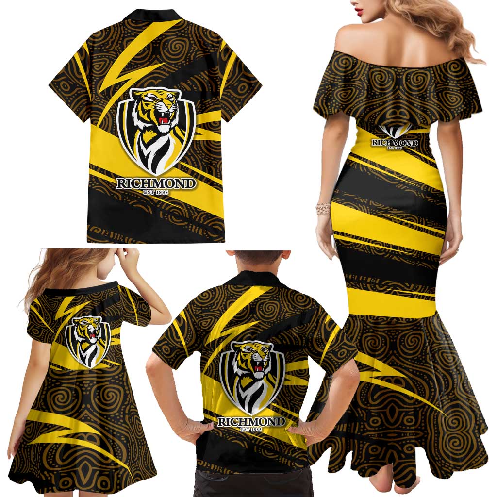 Richmond Tigers Australian Football Family Matching Mermaid Dress and Hawaiian Shirt Powerful Tiger Mascot With Indigenous Pattern Art