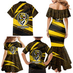 Richmond Tigers Australian Football Family Matching Mermaid Dress and Hawaiian Shirt Powerful Tiger Mascot With Indigenous Pattern Art