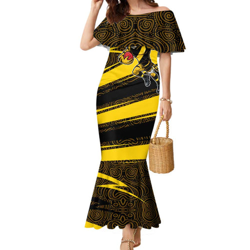 Richmond Tigers Australian Football Family Matching Mermaid Dress and Hawaiian Shirt Powerful Tiger Mascot With Indigenous Pattern Art