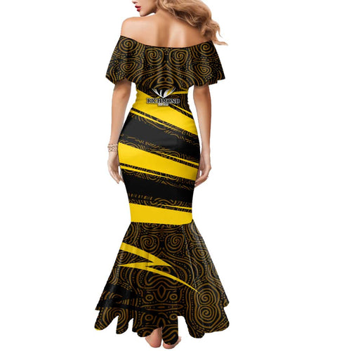 Richmond Tigers Australian Football Family Matching Mermaid Dress and Hawaiian Shirt Powerful Tiger Mascot With Indigenous Pattern Art