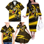 Richmond Tigers Australian Football Family Matching Off The Shoulder Long Sleeve Dress and Hawaiian Shirt Powerful Tiger Mascot With Indigenous Pattern Art