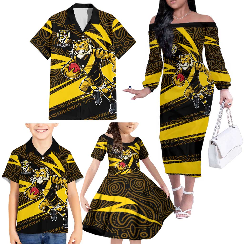 Richmond Tigers Australian Football Family Matching Off The Shoulder Long Sleeve Dress and Hawaiian Shirt Powerful Tiger Mascot With Indigenous Pattern Art