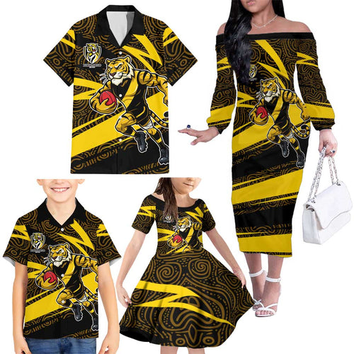 Richmond Tigers Australian Football Family Matching Off The Shoulder Long Sleeve Dress and Hawaiian Shirt Powerful Tiger Mascot With Indigenous Pattern Art