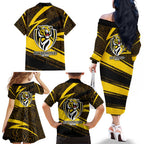 Richmond Tigers Australian Football Family Matching Off The Shoulder Long Sleeve Dress and Hawaiian Shirt Powerful Tiger Mascot With Indigenous Pattern Art