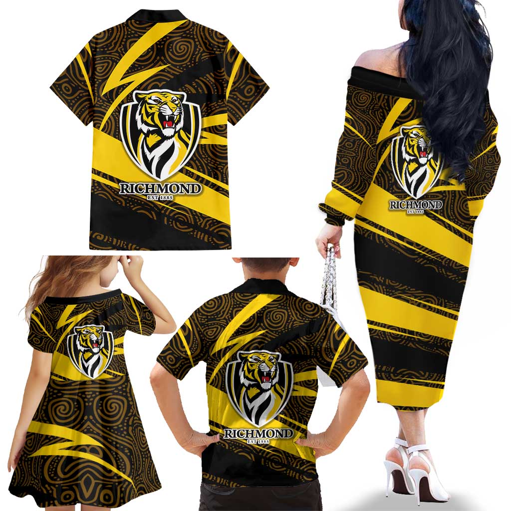 Richmond Tigers Australian Football Family Matching Off The Shoulder Long Sleeve Dress and Hawaiian Shirt Powerful Tiger Mascot With Indigenous Pattern Art